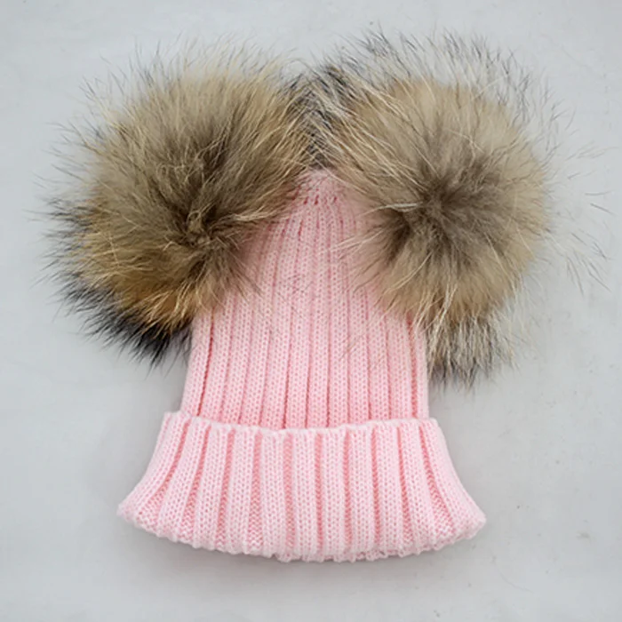 Двойной помпоном Для женщин зимняя шапка смесь шерсти трикотажные gorros Кепки с натуральным Цвет енота Мех животных помпоном - Цвет: pink