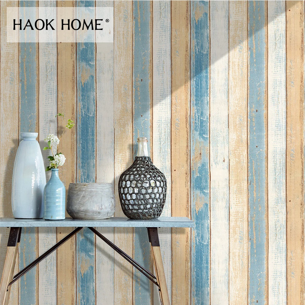 HaokHome 3d деревянная доска обои самоклеющиеся 0 45 м * 6 виниловые рулоны бежевый/синий