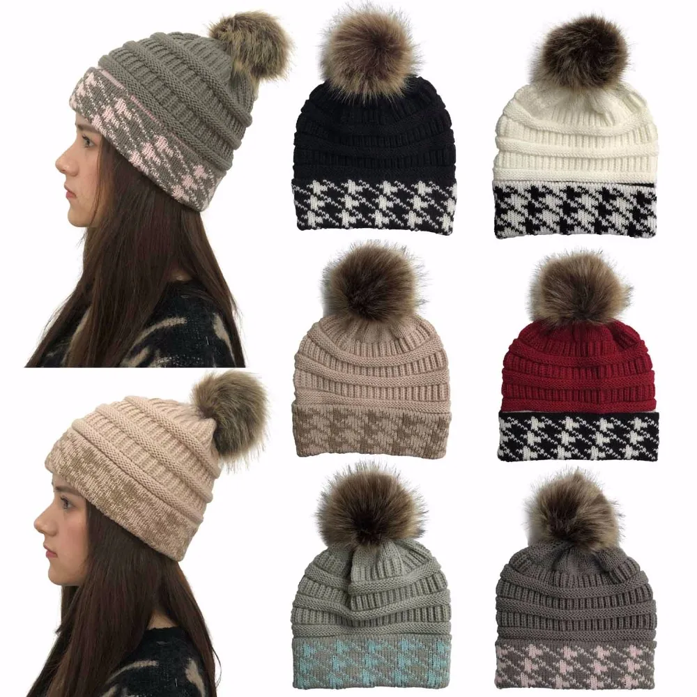 

HanXi Faux Fur Pom poms Beanie Women Winter Hats Houndstooth Crochet Knitted Ski Cap Skullies Beanies Warm Caps for Ladies