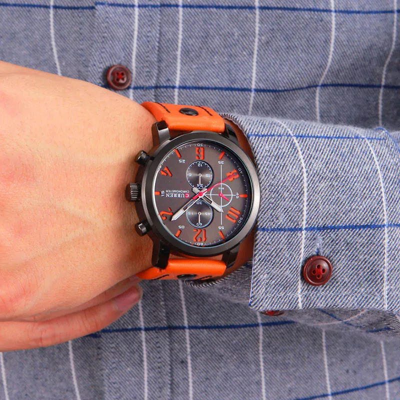 Спортивные мужские наручные часы CURREN в Военном Стиле кварцевые с кожаным