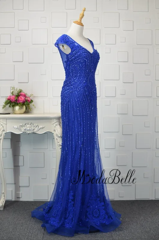 modabelle Women Sequin Beaded Prom Dresses Blue Mermaid Trumpet Pearl Lace Formal Dresses Evening Party Long Saudi Arabia 2018