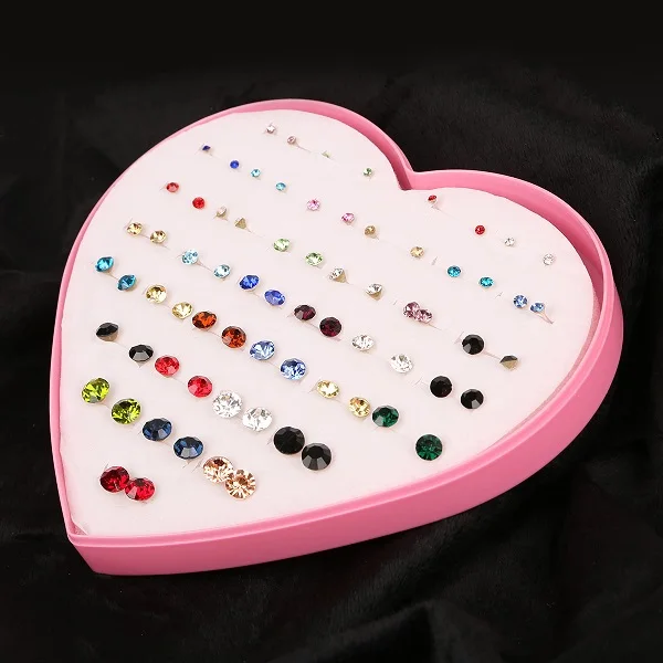 Rhinestone Дизайн, 36 пар сережек разных цветов для маленьких девочек, серебро и розовое золото, комплект милых сережек с сердечком для детей - Окраска металла: Rhinestone