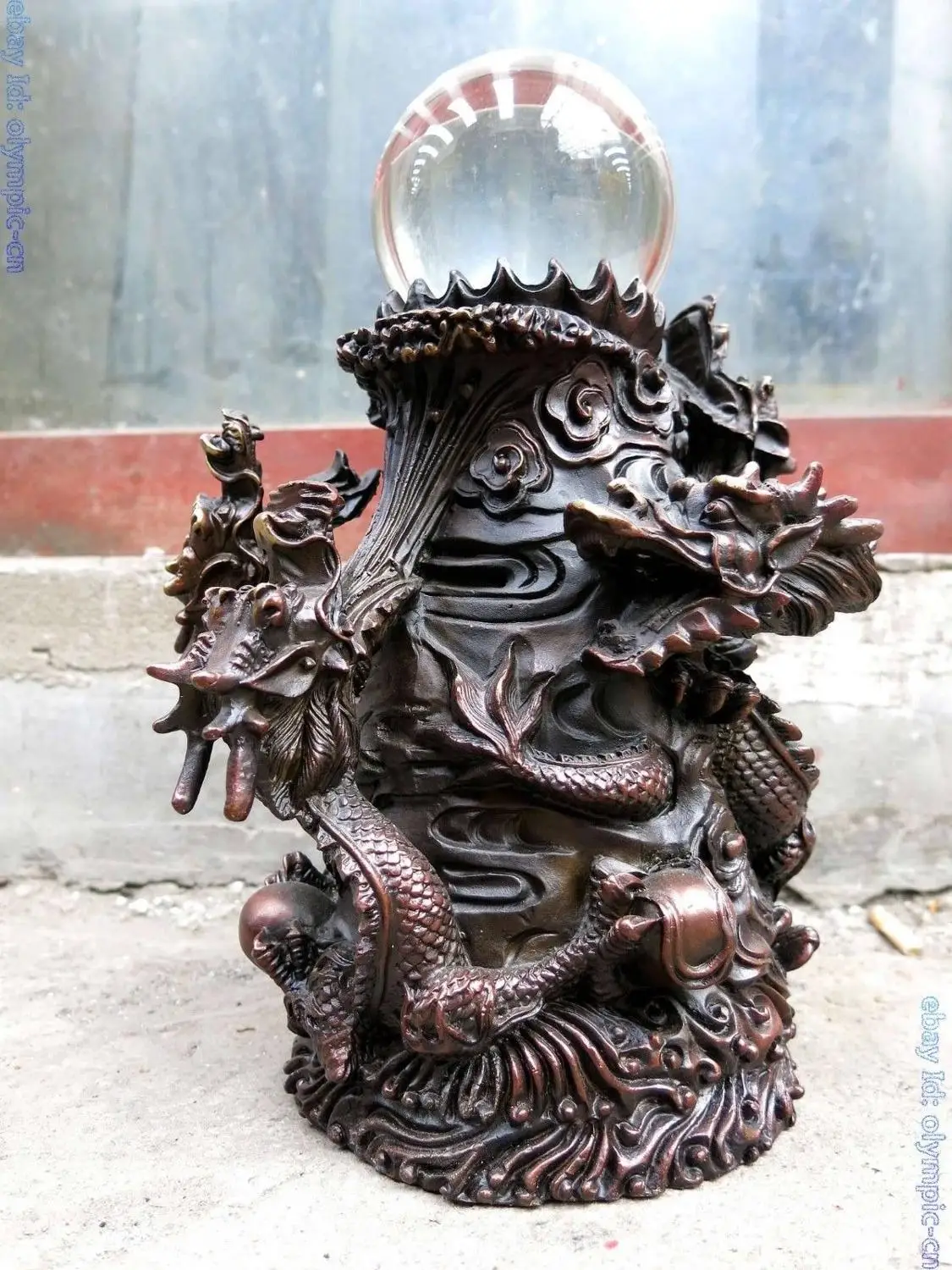 

13" China red copper fine carven four dragons are playing with a pearl Statue