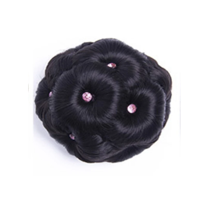 Natural black pink Макияж булочка вьющиеся волосы Женский Алмаз волос кольцо парик невесты шиньон цветы - Цвет: Natural black pink