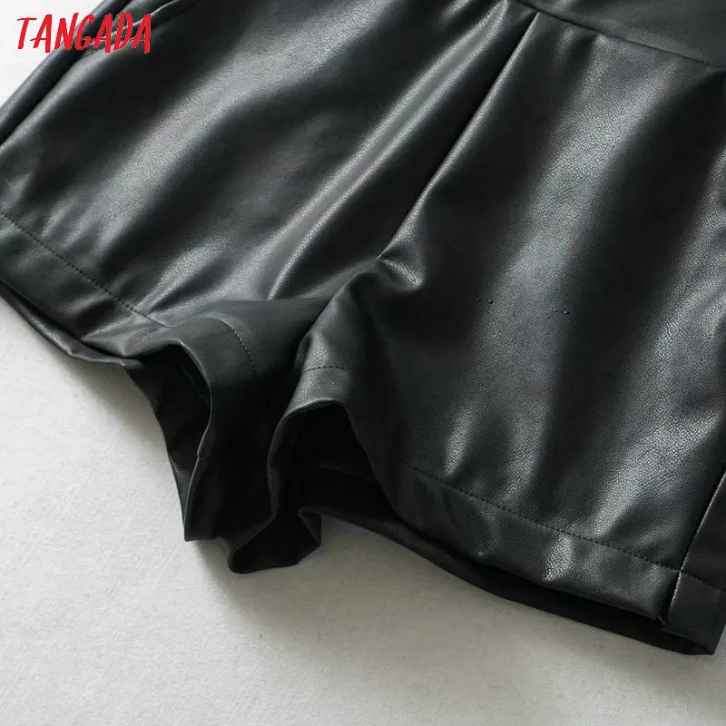 Tangada женские черные шорты из искусственной кожи с эластичным поясом и карманами на молнии сзади женские элегантные шорты pantalones 1Y01