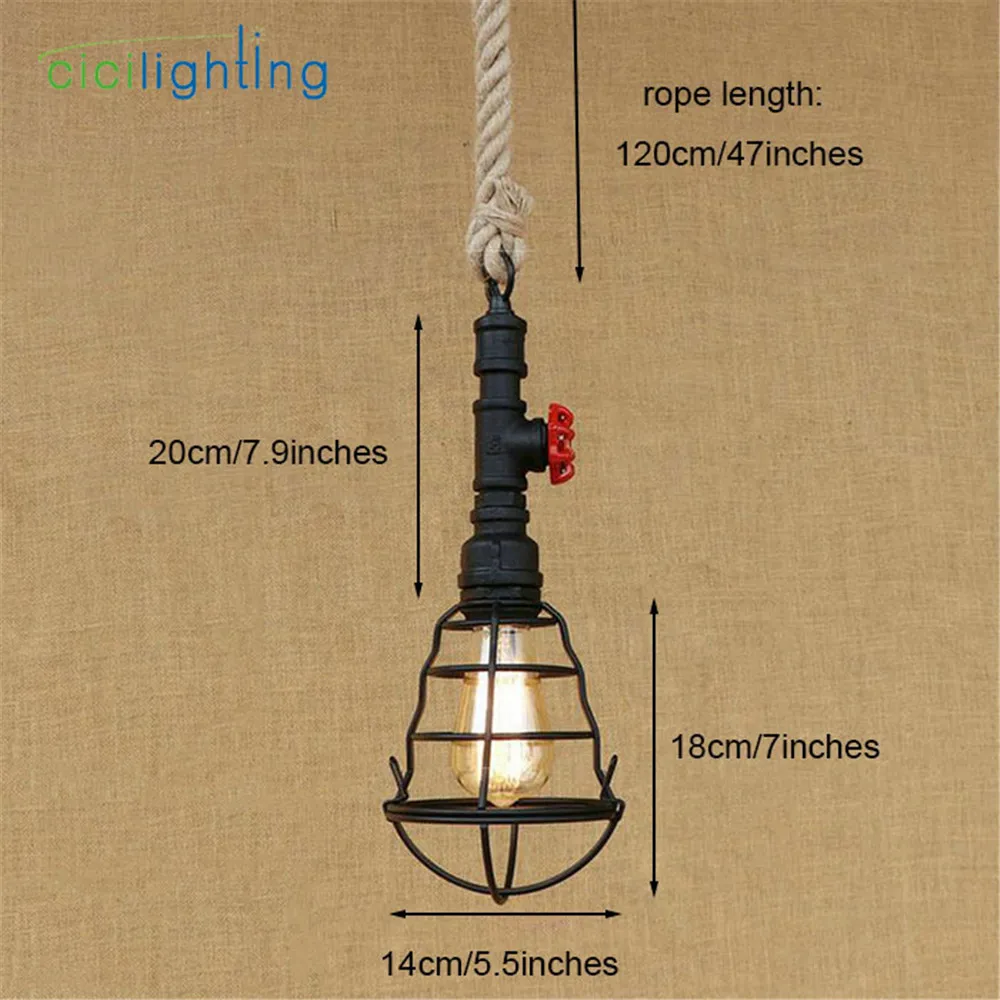 

American Country 120cm Hemp Rope Pendant Light LOFT Retro Industrial Cafe Restaurant Water Pipe Lustres Pendant Lamp Fixtures