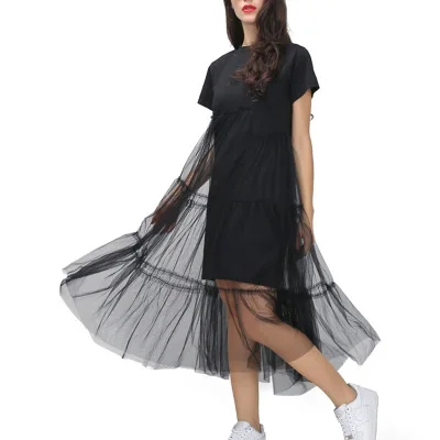 Korea 2018 Summer Women Mesh Patchwork Loose Casual Mid-calf Dress Female Vestido | Женская одежда