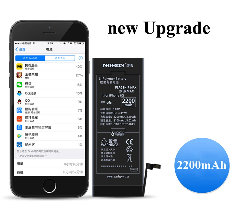 Nohon 2200 мАч батарея для iPhone 6 6G i6 Apple iPhone6 встроенные литий-полимерные аккумуляторы с бесплатными инструментами для Apple iPhone 6 батарея