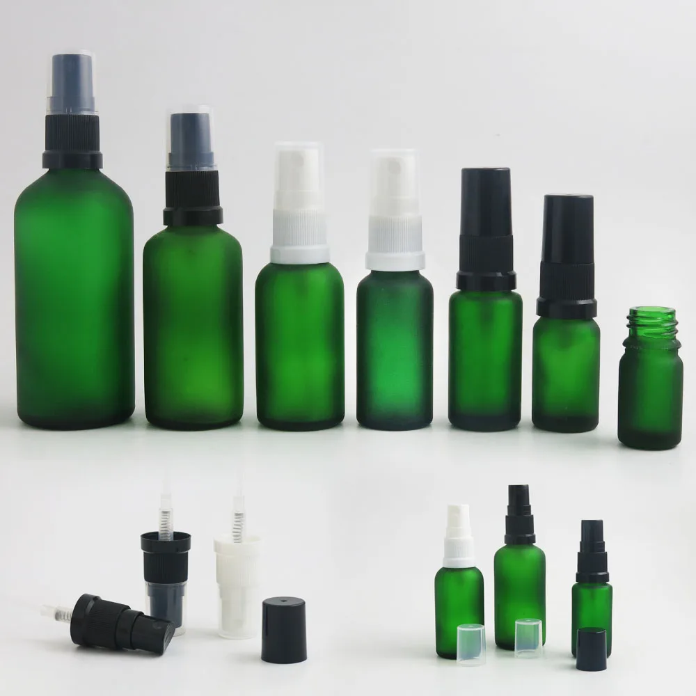 

10pcs Hot Sale Frosted Green Glass Spray Bottle with Plastic Fine Mist Sprayer Perfume Atomiser 100ml 50ml 30ml 20ml 10ml