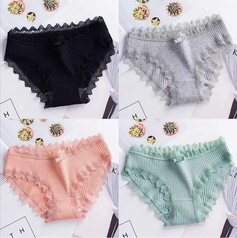 image 4 pieces Женское нижнее белье, летнее хлопковое однотонное кружевное нижнее белье для девочек, повседневные сексуальные дышащие тонкие трусы с низкой талией - Цвет: image 4 pieces