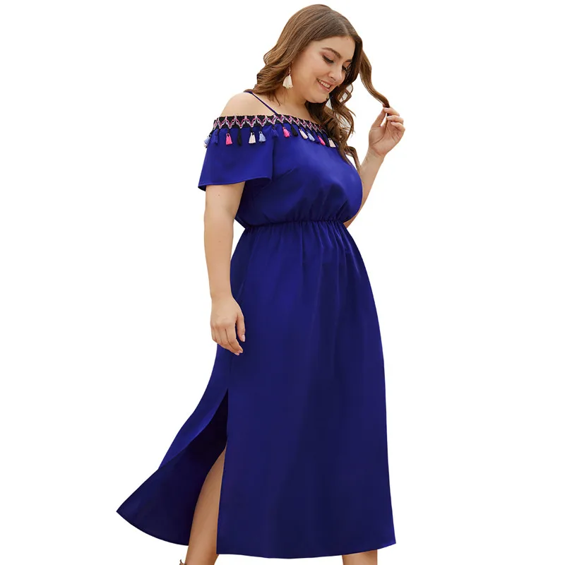 Женское платье плюс размер Лето с коротким рукавом Slash шеи кисточкой Спагетти