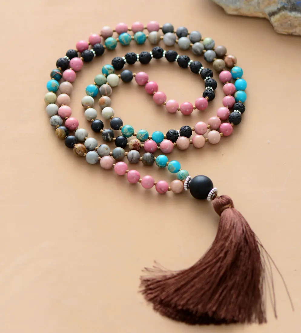 108 бусин Mala уникальный 6 мм натуральный камень Лава бусы кисточкой ожерелье