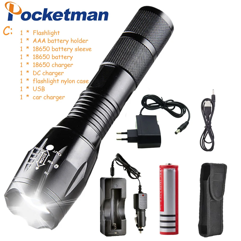 Type C Самый яркий 5-режим Pocketman T6/L2/V6 светодиодный вспышка светильник с зарядным устройством масштабируемый заряжаемый фокус светильник фонарь Фонари 1*18650 - Испускаемый цвет: Type C