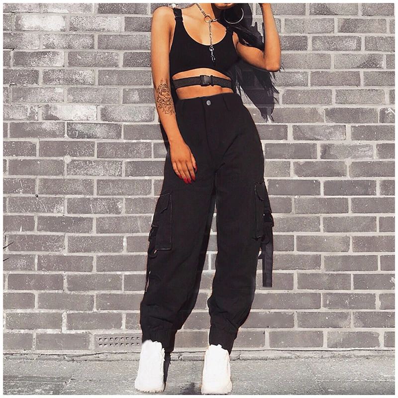 Rapwriter, повседневные, тянущиеся, высокая талия, одноцветные, с боковым большим карманом, брюки для женщин,, хип-хоп, свободные, карго, для бега, для женщин, брюки-карандаш
