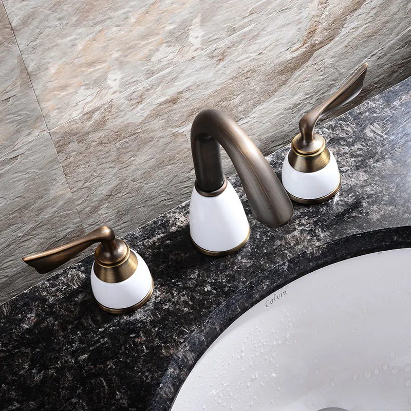 Bathroom Sink Faucets Antique Brass Color Deck Mounted Waterfall White Porcelain Hot and Cold Water Mixer Tap MPSK036A | Обустройство