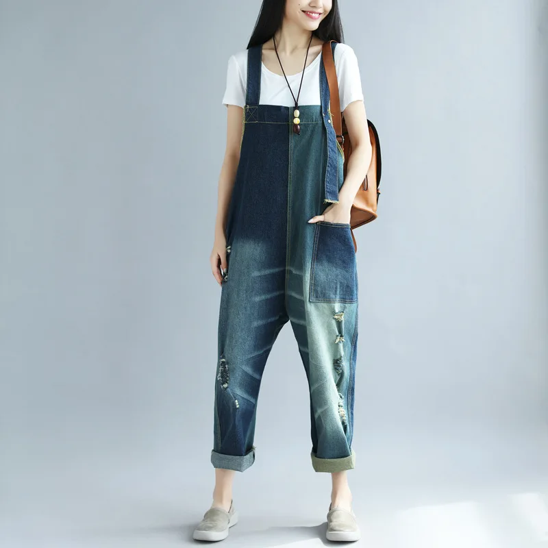 2019 женский винтажный джинсовый комбинезон с дырками и широкими штанинами