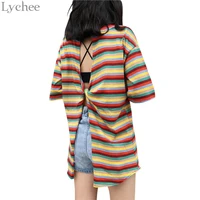 lychee harajuku back hollow striped summer women t shirt casual short sleeve t shirts loose sexy tee top female