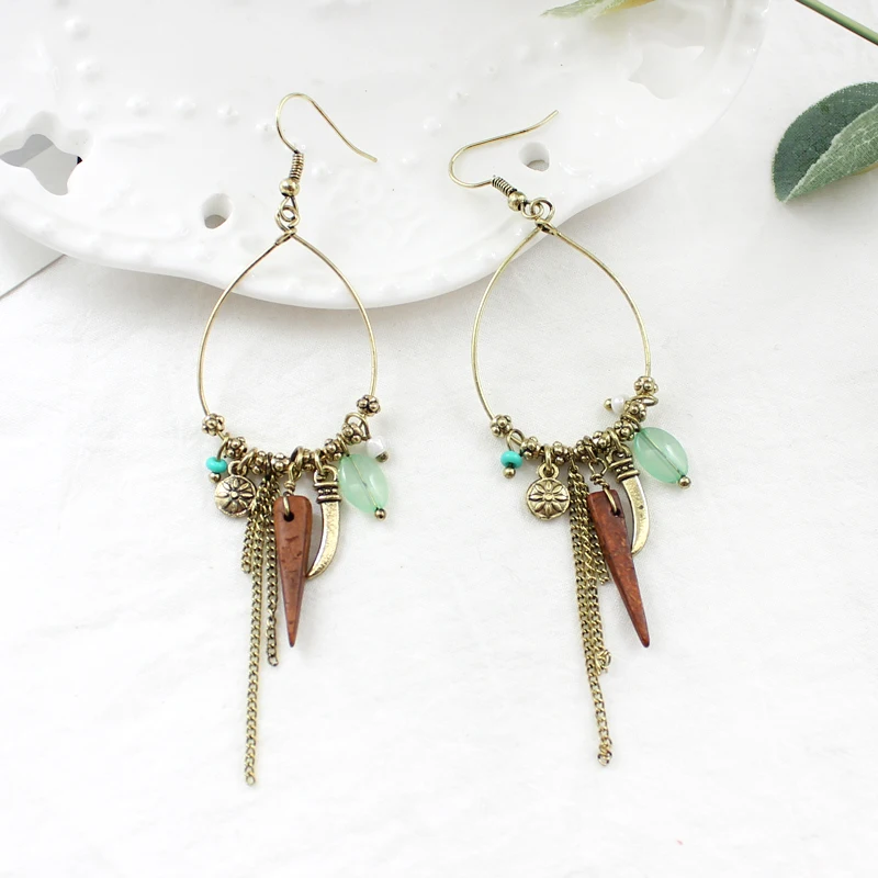 Богемные висячие серьги Su деревянная цепочка цвета слоновой кости конический