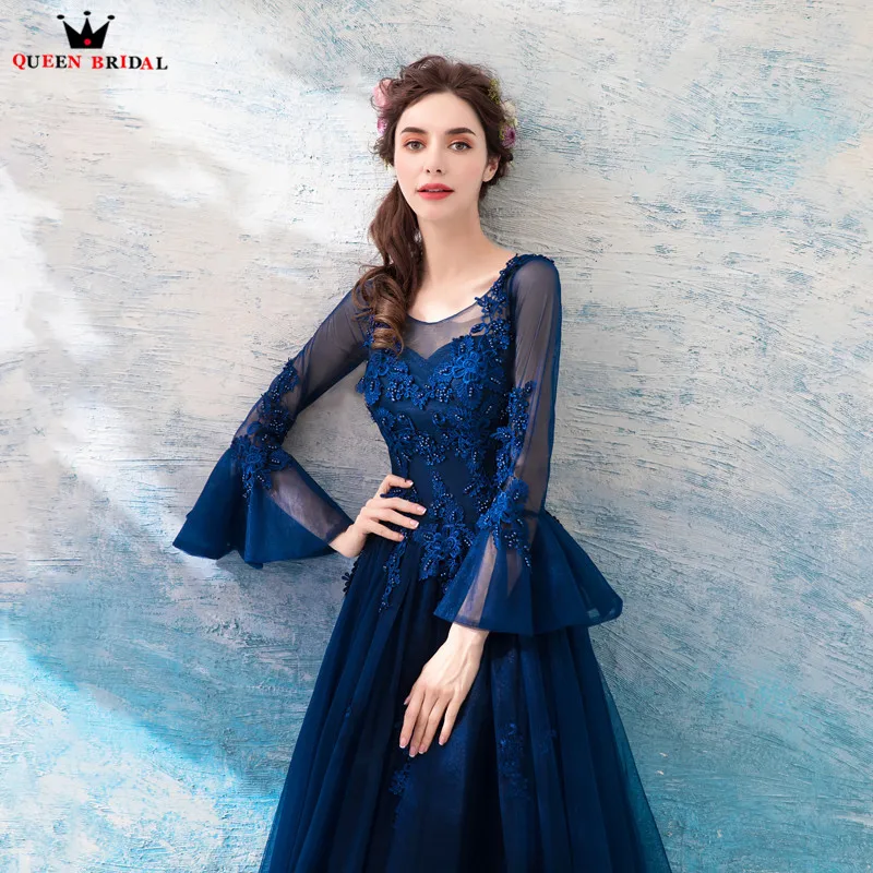Темно-синий винтажные вечерние платья 2019 Мода а-силуэт длинный рукав тюль с
