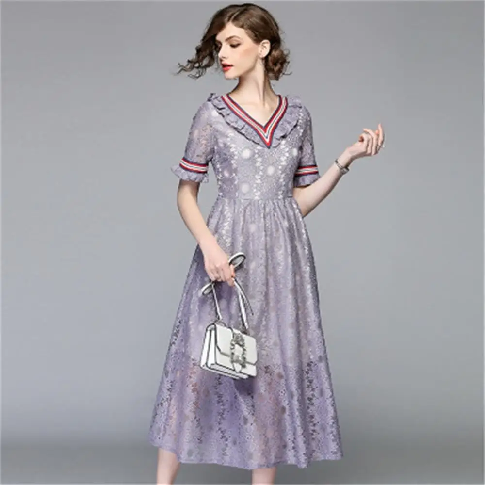 Мода v-образным вырезом All Кружевное платье миди Vestidos 2018 новый элегантный