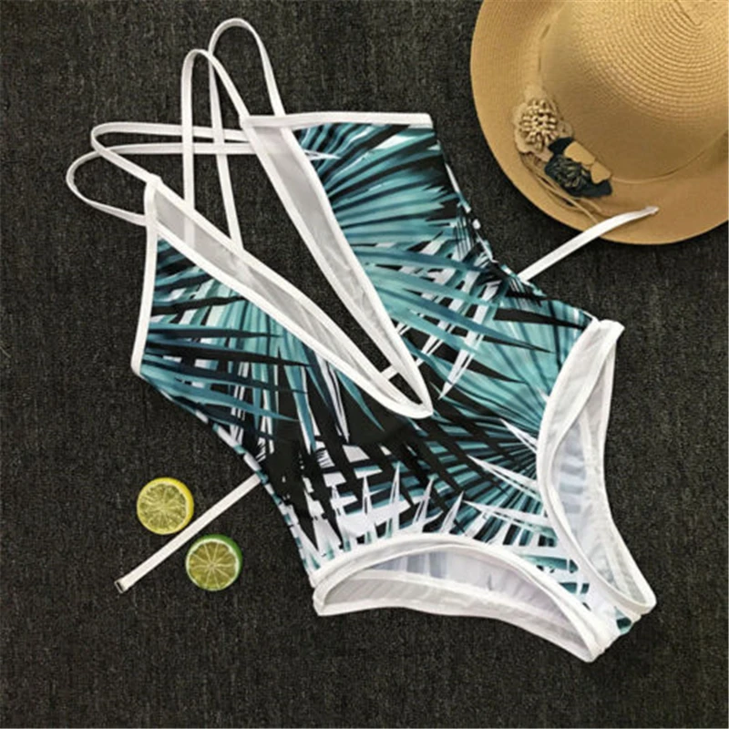 One-piece Beachwear Bodysuit 2018 Summer Deep V-neck Bandage Push up Monokini New High Cut Floral Printing Bathing Suit | Женская одежда