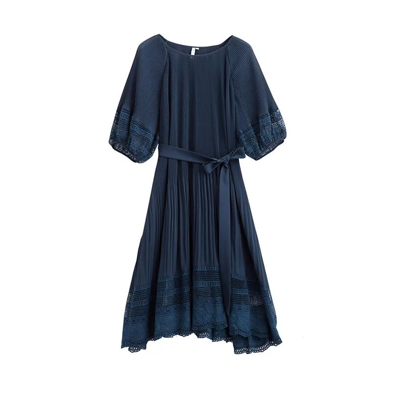 

Inman Irregular Hollow Elegant Dress Summer Clothes For Women Lace Lantern Sleeve Lady Pleated Dress