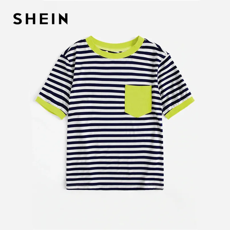 SHEIN Повседневная Полосатая Футболка Ranger с карманом и заплатками, женские топы, Летние Элегантные обычные женские футболки с коротким рукавом и круглым вырезом