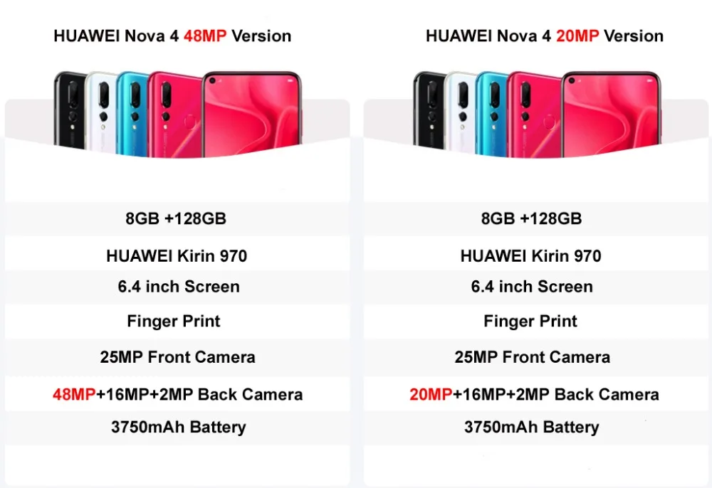 HUAWEI Nova 4 Смартфон Android 9,0 kirin 970 Octa Core отпечатков пальцев(FingerPrint ID AI Камера 6,4 дюйма 4* Камера s 3750 мА/ч, сотовый телефон