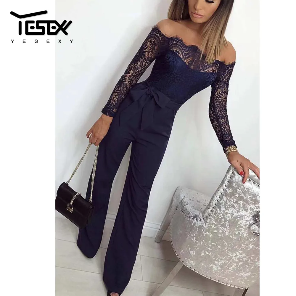 

Yesexy 2021 Sexy Off the Shoulder Lace Women Overall High Waist Backless Lace up Solid Color Rompers Women Jumpsuit VR9528