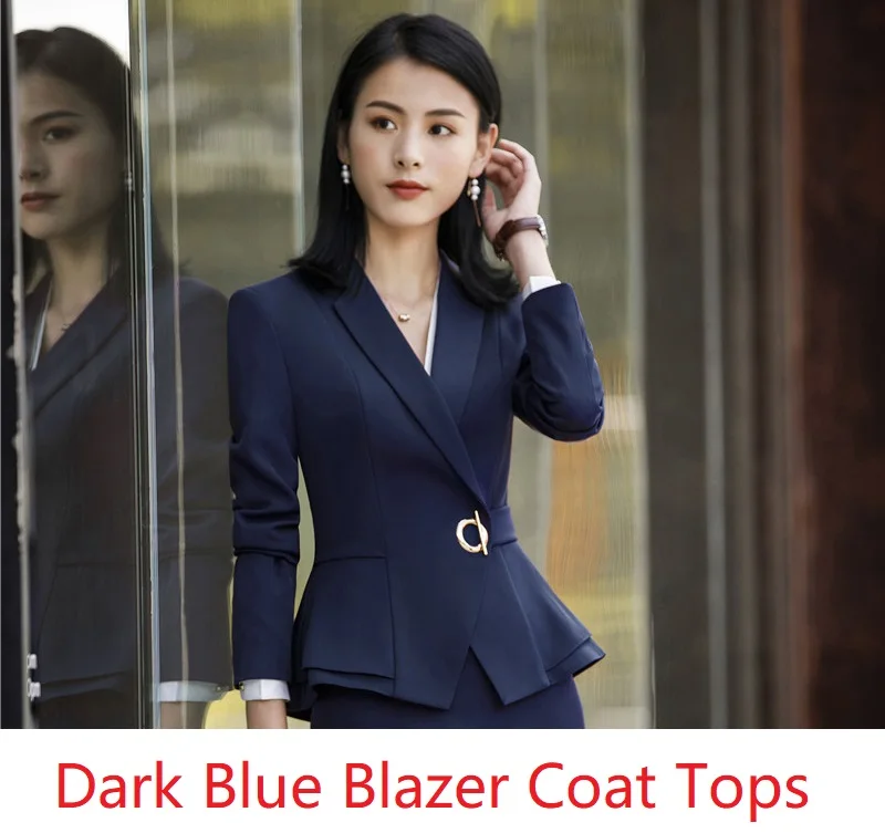 Navy Blue Высокое качество ткани Формальные блейзеры и куртки пальто с длинным рукавом для женщин Бизнес Рабочая одежда форменный блейзер верхняя одежда топы - Цвет: Navy Blue