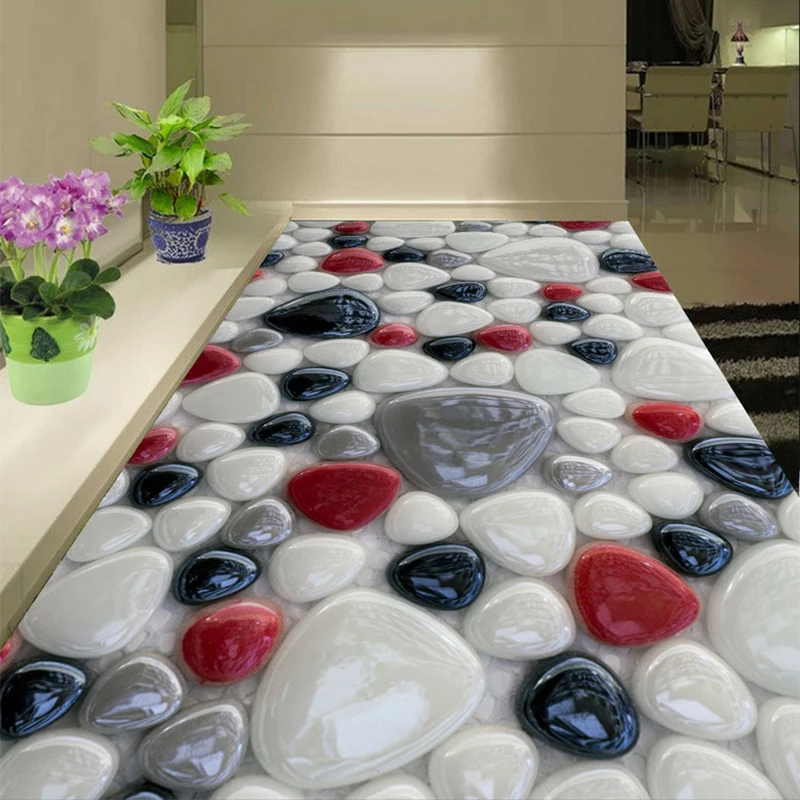 Custom Self-adhesive Floor Mural Wallpaper 3D Creative Colorful Stone Floor Tiles Sticker Bathroom Living Room PVC Wallpaper 3 D
