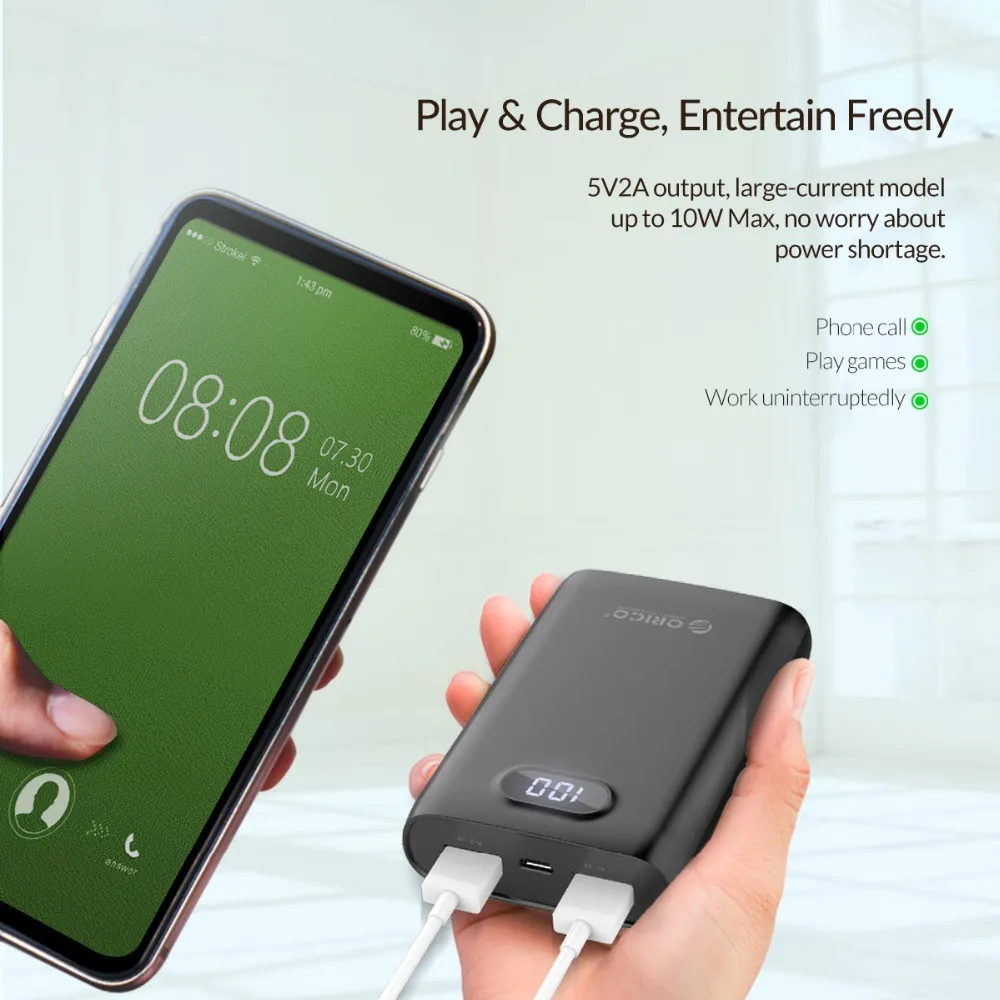 ORICO 10000 мАч Внешний аккумулятор с двойным выходом USB дисплей экран Внешний аккумулятор для мобильного телефона портативный 5V2A внешний аккумулятор