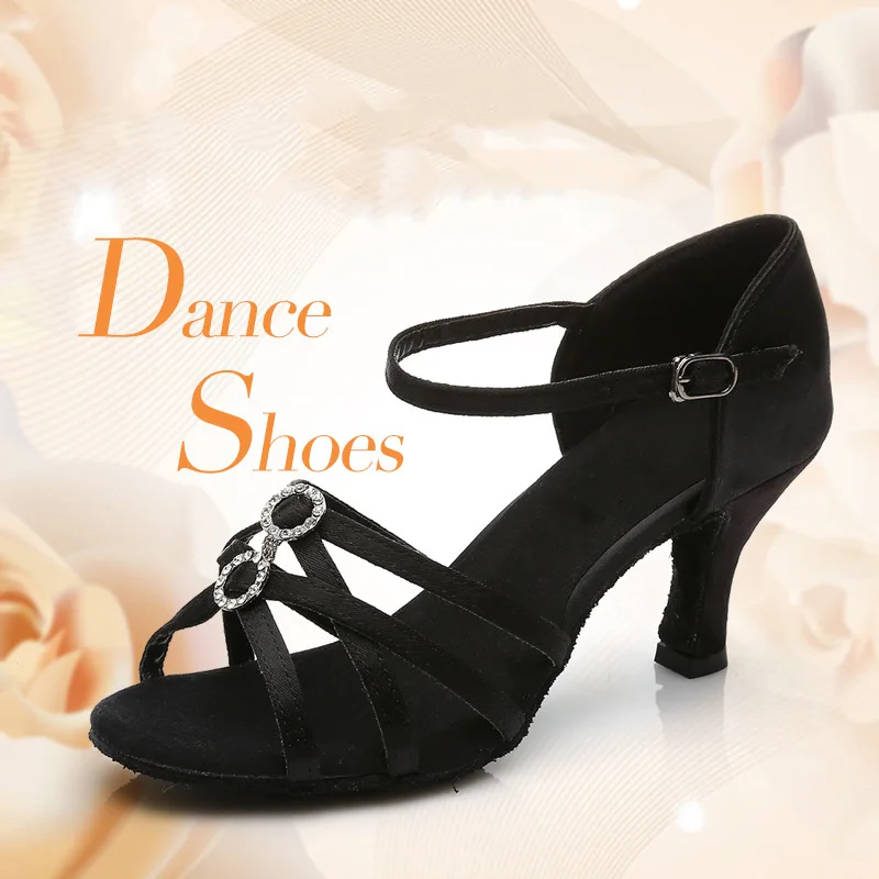 Новые атласные танцевальные туфли с пряжкой Стразы танго Чача Румба мягкой