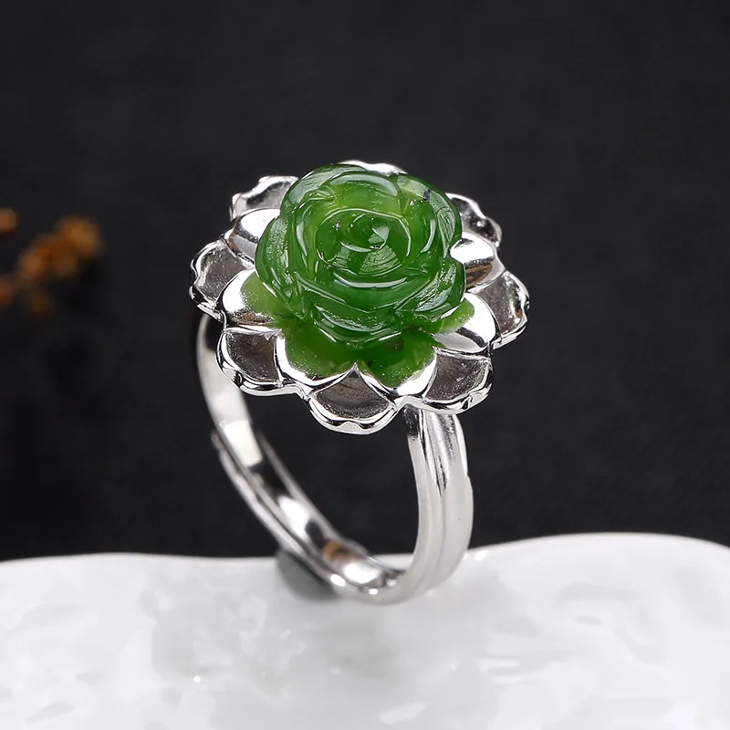 Женское кольцо с натуральным драгоценным камнем зеленое Jade Jasper розовым цветком