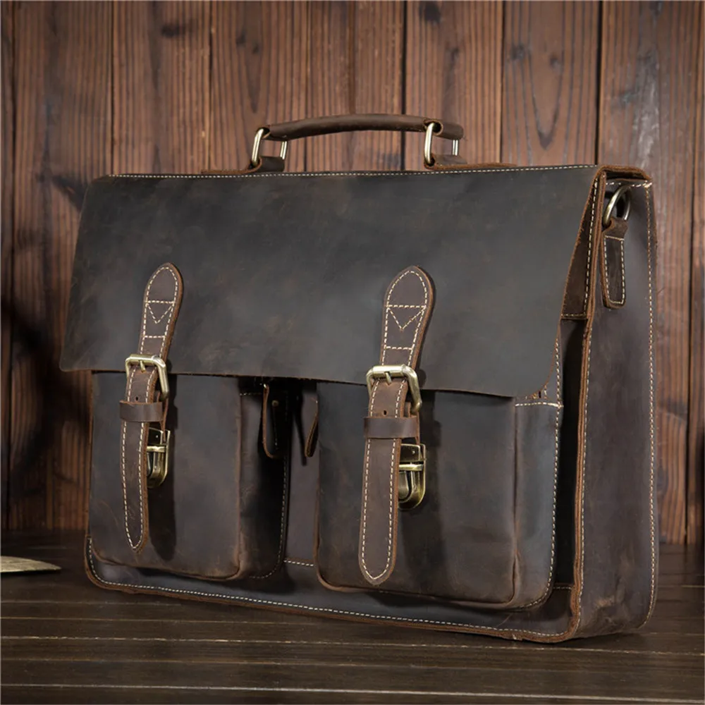 Men's Crossbody Laptop Bag Genuine Leather Business Briefcase Crazy Horse 15.6 Inches Handle Handbag Male Messenger Shoulder Bag