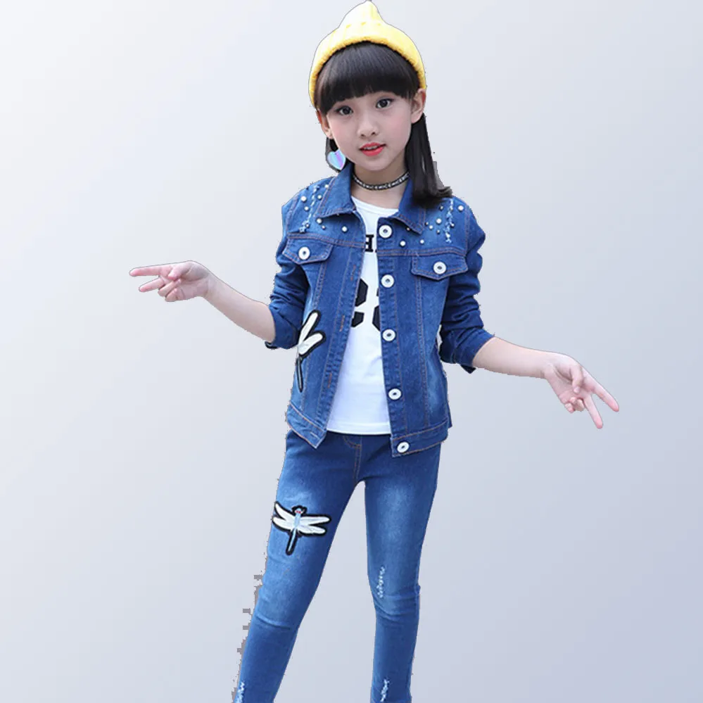 Осенние джинсовые комплекты детской одежды куртка с стрекозой + джинсы 2 предмета