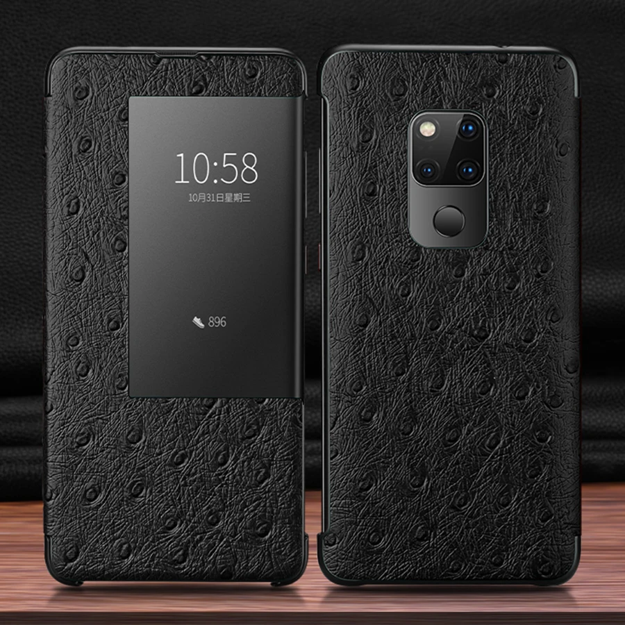 Смарт-чехол P30pro с окошком для сенсорного экрана для huawei P30 mate 20 10 P20 Pro Роскошный чехол из натуральной кожи с узором страуса - Цвет: Black