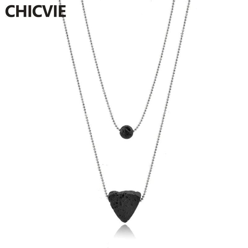 

CHICVIE Designer Two Layers Silver Tone Simple Design Lava Stone Necklace Triangle Shaped Lava Stone Pendant Necklaces SNE180020