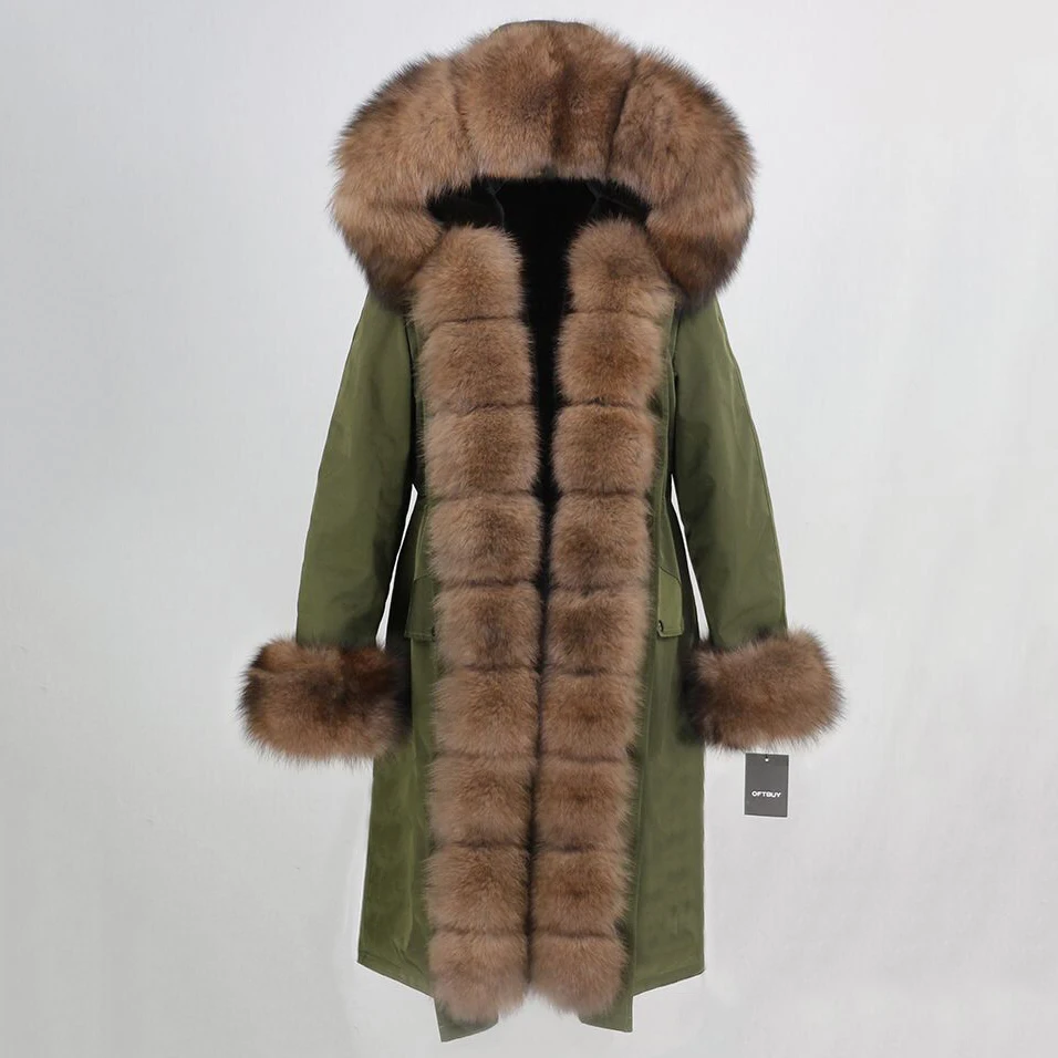 green brown Женское пальто на меху с капюшоном OFTBUY, черная непромокаемая парка со съемным натуральным лисьим мехом на капюшоне, зима - Цвет: green brown