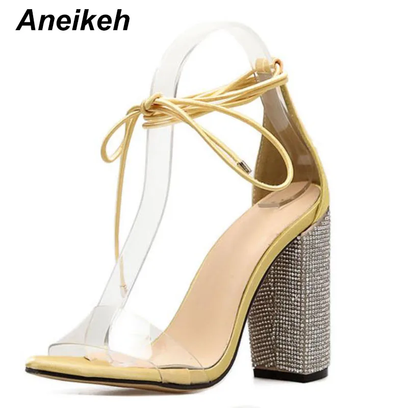 yellow Aneikeh/женские Босоножки на каблуке; туфли-лодочки с ремешком на щиколотке со стразами; женские Вечерние туфли на очень высоком каблуке 10,5 см и квадратном каблуке - Цвет: yellow