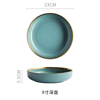 Blue 9 Inch Deep Нордическая Золотая оправа, керамические стейки, западное блюдо, китайские тарелки, домашние блюда, креативная фарфоровая тарелка, фруктовое блюдо, десертная посуда - Цвет: Blue 9 Inch Deep