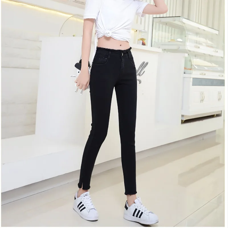 Black Jeans Летние женские черные джинсы длиной до щиколотки, студенческие Стрейчевые обтягивающие женские брюки-карандаш с высокой талией и кисточками, джинсовые женские брюки - Цвет: Black Jeans