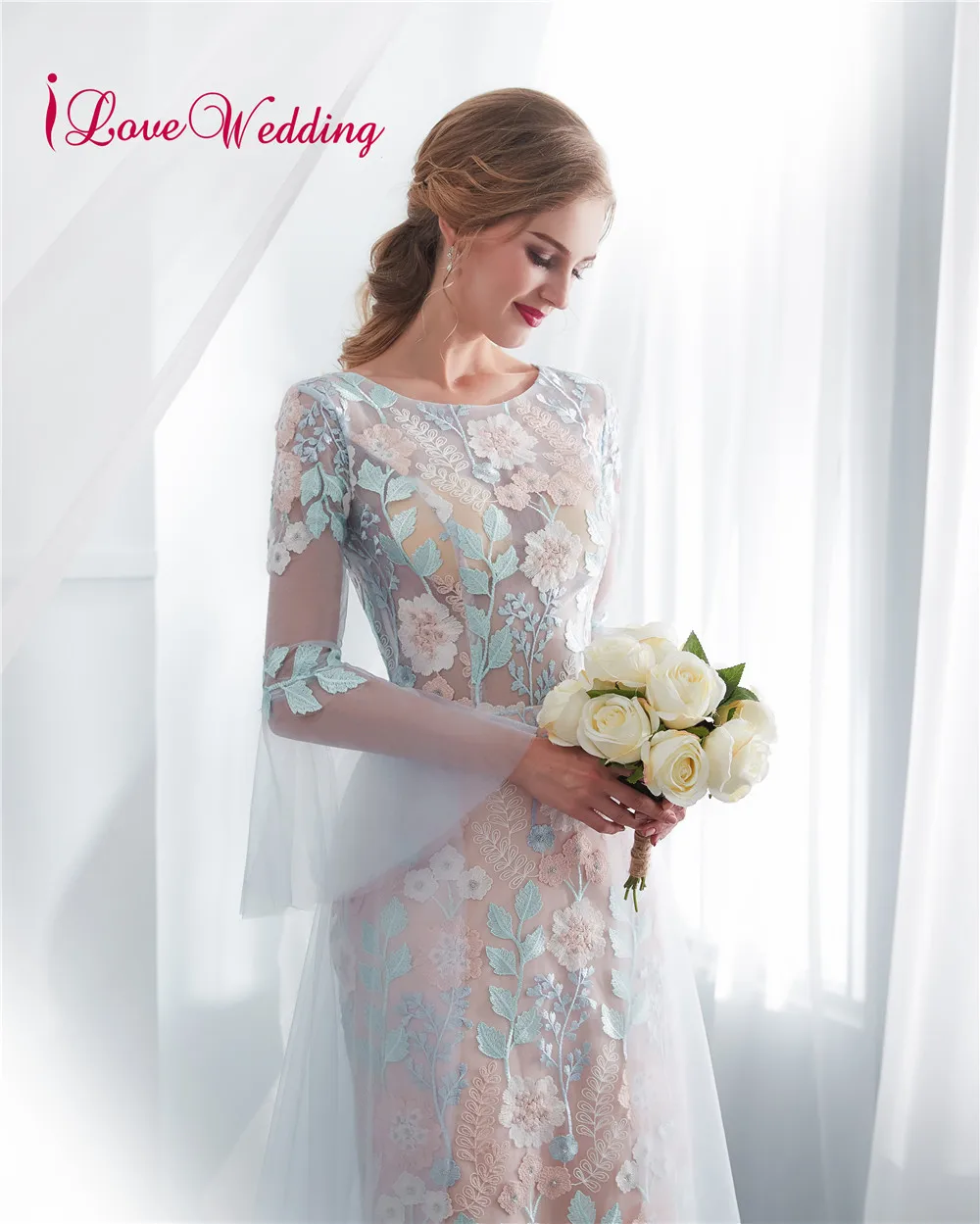 Женское вечернее платье-футляр из фатина с длинным рукавом | Свадьбы и торжества