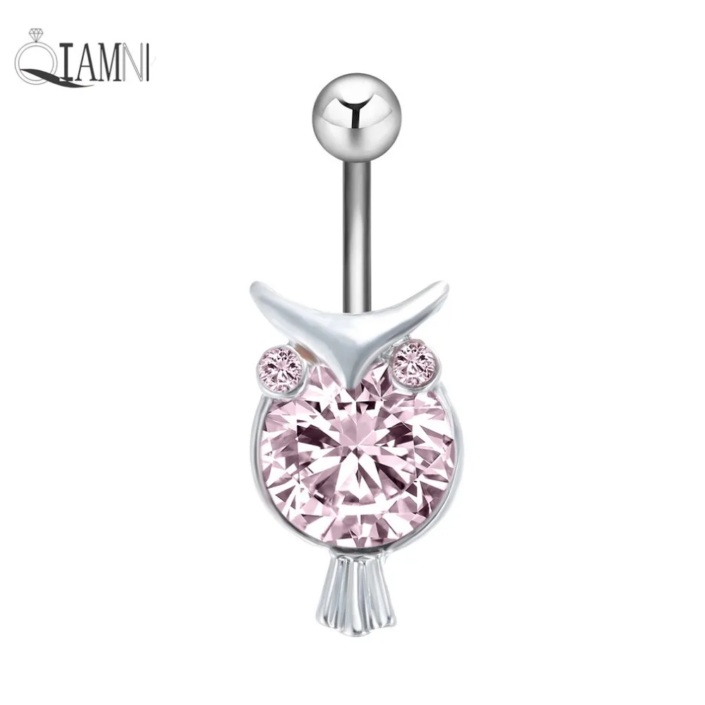QIAMNI Прекрасный Сова Розовый Кристалл хирургическая сталь кулон пирсинг пупка