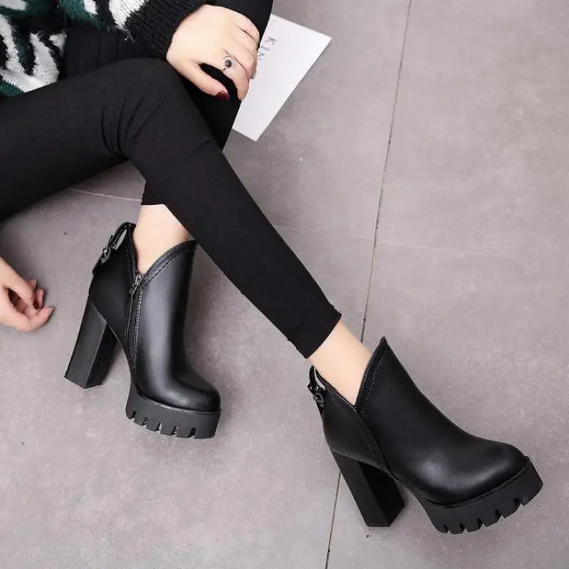 2017 г. Модные Ботинки Martin на высоком каблуке осенне зимние ботинки молнии сбоку