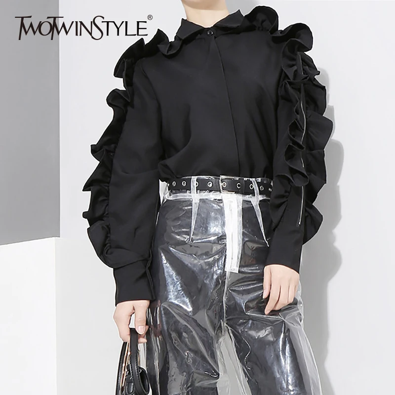 TWOTWINSTYLE рубашка с оборками Женская Лоскутная с открытыми плечами на молнии блузка с длинными рукавами Топ для женщин Весна Harajuku Новая одежда