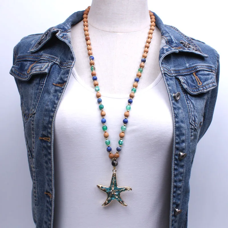 Винтаж Gypsy длинное ожерелье деревянные бусины натуральный камень позолота starfish