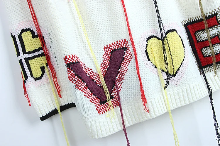 Женский жаккардовый свитер длинный пуловер с бахромой и сердечками в стиле High