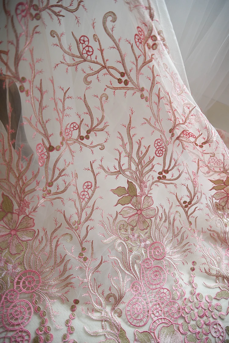 Pink Gold Organza Lace Fabric Scalloped Guipure 1 Yard Bridal Dress | Дом и сад