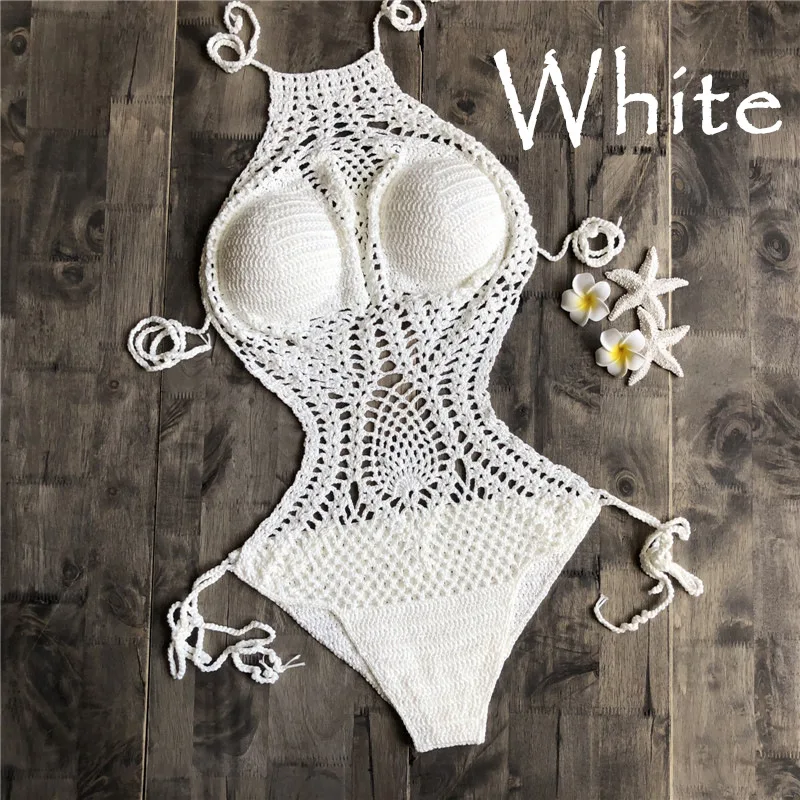 Вязанный крючком Холтер цельный купальник женский сексуальный полый Монокини